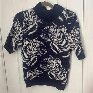 Maeve by Anthropologie Navy and White Floral Mock Neck, Short Sleeve Sweater